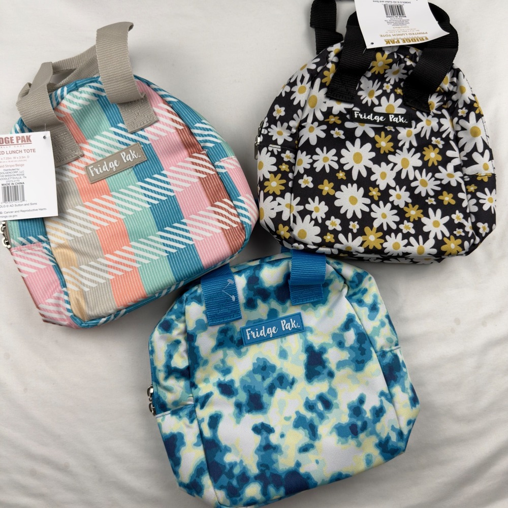Fridge Pak Insulated Printed Lunch Tote 3 Pack Daisy Plaid Tie Dye Multicolor